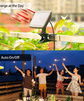 50 Foot Solar Outdoor String Lights With Remote, showing solar panel charging by day and auto on at night with people enjoying cozy vibe lighting