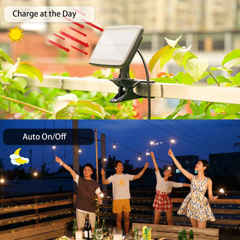 50 Foot Solar Outdoor String Lights With Remote, showing solar panel charging by day and auto on at night with people enjoying cozy vibe lighting