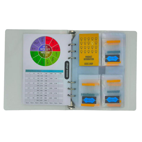 Resistor kit in binder with color-code wheel and labeled pockets (1Ω–10MΩ)