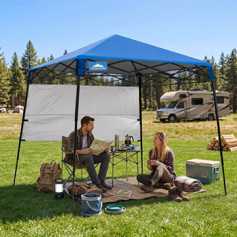 8x8 Pop Up Canopy Tent With Sidewall, Compact Portable Sun Shelter setup in a field with two people sitting inside, RV in background