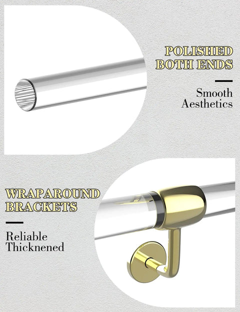 Close-up of clear acrylic interior stair handrails with polished ends and rust-proof gold wraparound brackets for safety.