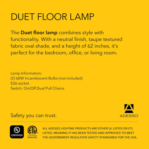 Product information card for Duet Floor Lamp With Dual Pull Chains, Antique Bronze Finish, Taupe Fabric Shade, 62-Inch Tall.