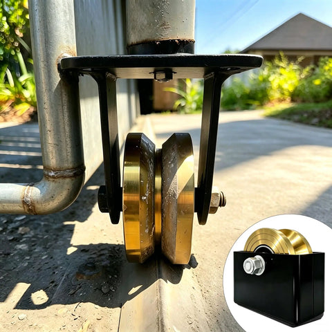 Close-up of Heavy Duty 4 Inch Sliding Gate Rollers Kit 2 Pack with Welded Bracket and V Groove Wheels for metal gate on track