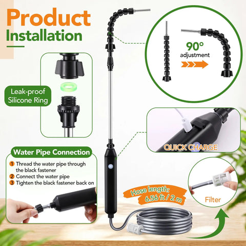 Cordless Rechargeable High Reach Plant Waterer With Telescoping Wand Extends From 25.6 To 35.4 Inches 6.56ft Hose Dual Nozzles 2000mAh Battery diagram
