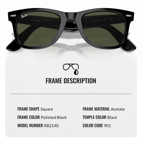 Front view of Wayfarer Classic Sunglasses Bundle With Eyewear Kit High Bridge Fit Square Shape Shades with black acetate frame.