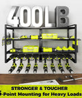Beefy 4 Tier Power Tool Organizer Wall Mount Rack For 8 Cordless Drills Plus Hammer Screwdriver Pliers Holders Side Accessory Slots Sturdy Garage Storage System