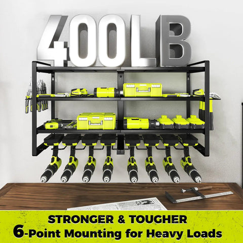 Beefy 4 Tier Power Tool Organizer Wall Mount Rack For 8 Cordless Drills Plus Hammer Screwdriver Pliers Holders Side Accessory Slots Sturdy Garage Storage System