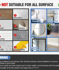 Diagram showing surfaces suitable and unsuitable for 17 Inch Suction Bath Grab Bar for Showers Heavy Duty Safety Handle.