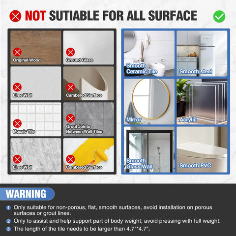 Diagram showing surfaces suitable and unsuitable for 17 Inch Suction Bath Grab Bar for Showers Heavy Duty Safety Handle.