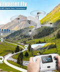 4K Camera Drone With GPS Auto Return flying over scenic landscape, smartphone displaying waypoint flight feature activated