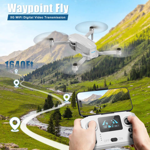 4K Camera Drone With GPS Auto Return flying over scenic landscape, smartphone displaying waypoint flight feature activated