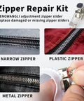 Universal Zipper Repair Kit With 3 Slider Sizes And 6 Replacement Pulls for jackets, luggage, backpacks, and bags.