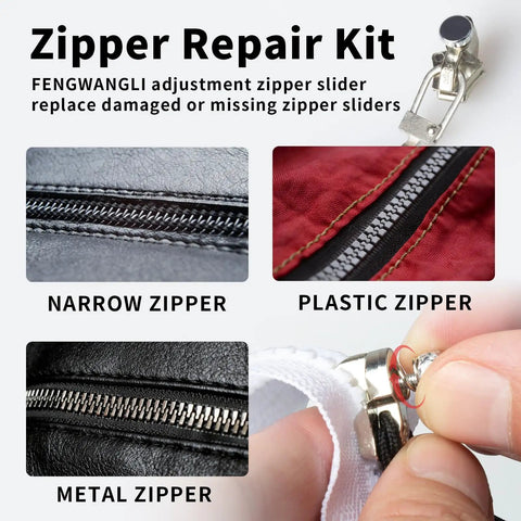 Universal Zipper Repair Kit With 3 Slider Sizes And 6 Replacement Pulls for jackets, luggage, backpacks, and bags.