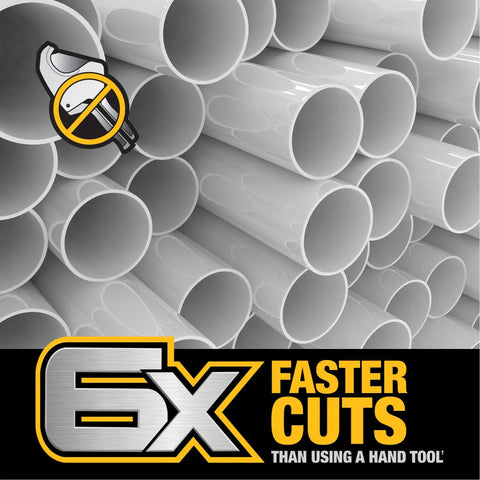Impact Connect PVC And PEX Cutter With Quick Change Brace Bracket for 6x faster cuts, showing stacked PVC pipes.