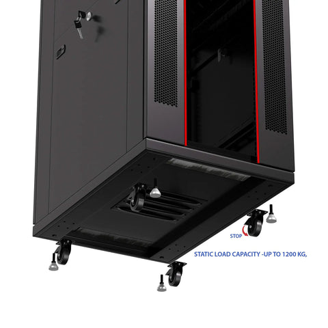 Heavy Duty 37U Server Rack Cabinet 39 Inch Deep With Dope Cooling Vents And Premium Steel Build, view of wheels and ventilation.