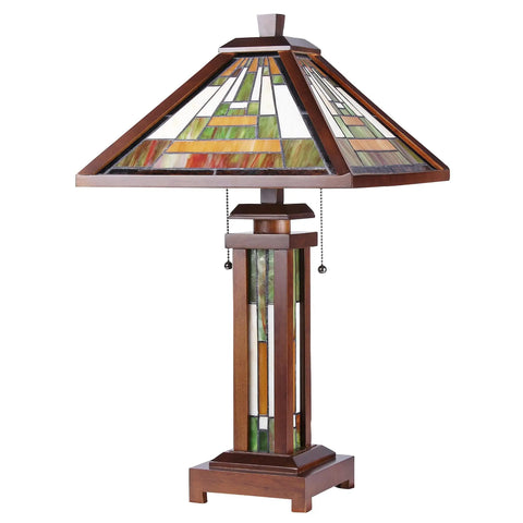 Gawain Double Lit Table Lamp With Multicolor Glass, Tiffany Style Mission Design, Pull Chain And Inline Switch, Wooden Base