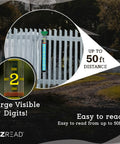 Giant 21 Inch Outdoor Rain Gauge For Pros, USA Made Heavy Duty All Weather Freeze Proof With Float, Stake Or Mount, Debris Shield, Readable From 50 Feet, Green attached to fence with close-up of large digits.