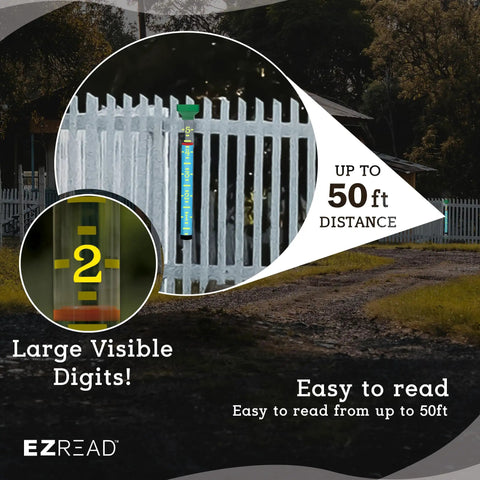 Giant 21 Inch Outdoor Rain Gauge For Pros, USA Made Heavy Duty All Weather Freeze Proof With Float, Stake Or Mount, Debris Shield, Readable From 50 Feet, Green attached to fence with close-up of large digits.