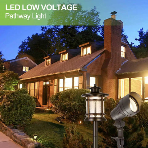 8 Pack Low Voltage LED Landscape Lighting Kit For Outdoor Yard Shine, 12V To 15V Pathway And Flood Lights in front yard view