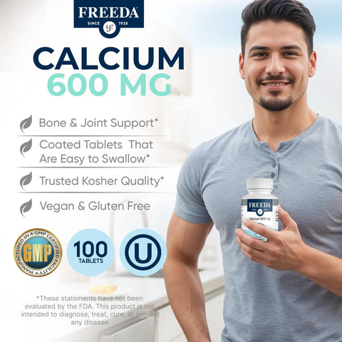 Smiling man holding bottle of Calcium 600 Mg Supplement For Strong Bones Joints And Teeth Supports Healthy Muscle And Nerve Function Easy To Swallow Coated Tablets Gluten Free 100 Count.