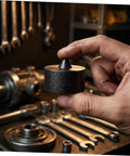 Heavy Duty Metal Shaft Protector Caps That Fit Grip-o-Matic Pullers Perfectly For Precision Spindle End Guards on Machine Axles And Cabinet Hardware With No Drilling Needed For A Smooth Industrial Build, held in hand with tools in background.