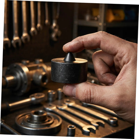Heavy Duty Metal Shaft Protector Caps That Fit Grip-o-Matic Pullers Perfectly For Precision Spindle End Guards on Machine Axles And Cabinet Hardware With No Drilling Needed For A Smooth Industrial Build, held in hand with tools in background.