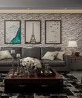 Living room featuring No Mess Peel And Stick 3D Faux Brick Wall Panels Set Of 20 Self Adhesive Foam Tiles, decorative accent wall.