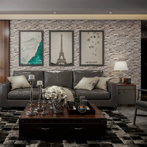 Living room featuring No Mess Peel And Stick 3D Faux Brick Wall Panels Set Of 20 Self Adhesive Foam Tiles, decorative accent wall.