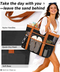 Woman carrying Spacious Beach Tote With Mesh And Canvas Construction, Top Zipper, displaying detachable pouch and dual carabiners.