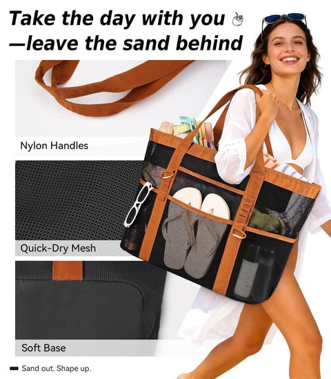 Woman carrying Spacious Beach Tote With Mesh And Canvas Construction, Top Zipper, displaying detachable pouch and dual carabiners.