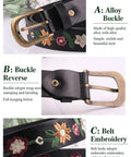 Women's Floral Embroidered Black Leather Belt With Antique Brass Buckle And Vintage Boho Country Style Soft Pu Leather Waistband close-up of buckle and floral embroidery details