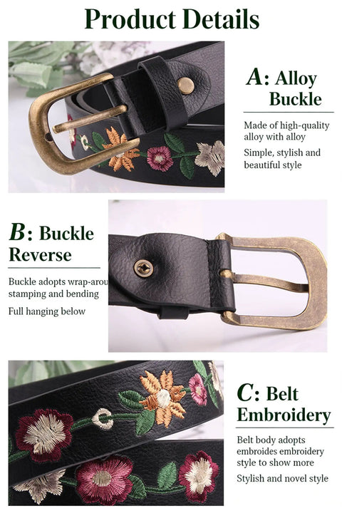 Women's Floral Embroidered Black Leather Belt With Antique Brass Buckle And Vintage Boho Country Style Soft Pu Leather Waistband close-up of buckle and floral embroidery details
