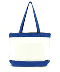 Hella Spacious Clear Pvc Work Tote Bag With Secure Zippered Top And Sturdy Polyester Base Straight Up Reliable Double Strap Shoulder Bag In Blue.