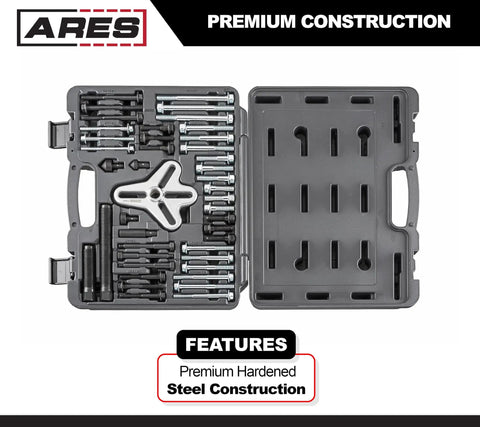 43-Piece Harmonic Balancer Puller Kit With Heavy-Duty 4-Way Slotted Yoke displayed in a case with pro-grade components