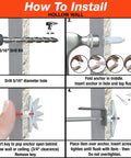 Installation steps for Strong Hollow-Door Anchor With Screws For One Eighth To One Quarter Inch Hollow Core Doors Polypropylene Construction Made In USA Fits Size Eight To Size Twelve Fasteners Pack Of Five Delivers Reliable Mounts For Fixtures And Accessories, showing drilling, folding, inserting, and securing process on hollow wall.