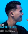 Profile view of a man wearing Totally Wireless Earbuds Featuring Instant Plug And Play Pairing Slick Bass Boost Audio And Compact USB Case Bluetooth Five Point Three Black Edition.