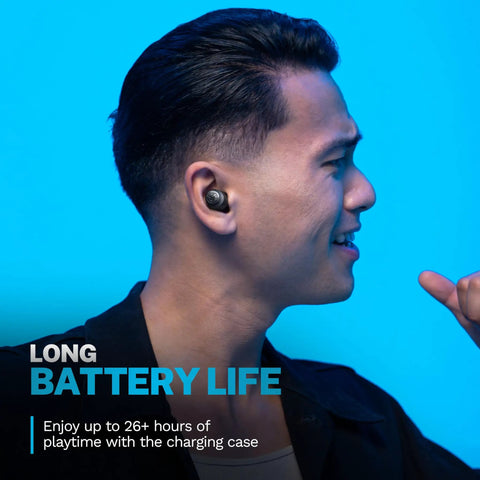 Profile view of a man wearing Totally Wireless Earbuds Featuring Instant Plug And Play Pairing Slick Bass Boost Audio And Compact USB Case Bluetooth Five Point Three Black Edition.