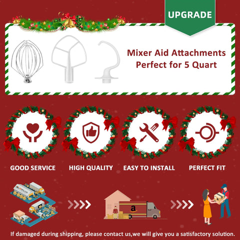 Mixer aid attachments graphic featuring wire whip, flat beater, dough hook, and service icons on festive design background.