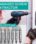 Man using damaged screw extractor with drill on door lock; Damaged Screw Extractor Set 6 Pack For Stripped Screws And Rusty Bolts Easy Out Removal Tool Dope Pro Grade Steel 4341 Extreme Hardness Wear Resistant Ideal Gift For DIY Guys And Pros shown below in HSS 4341 material.