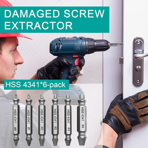 Man using damaged screw extractor with drill on door lock; Damaged Screw Extractor Set 6 Pack For Stripped Screws And Rusty Bolts Easy Out Removal Tool Dope Pro Grade Steel 4341 Extreme Hardness Wear Resistant Ideal Gift For DIY Guys And Pros shown below in HSS 4341 material.