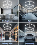 Large Hexagon Diamond LED Ceiling Lights For Garages, Shops, Offices, And Auto Repair Bays, installed in diverse settings