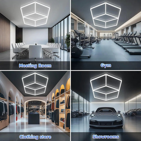 Large Hexagon Diamond LED Ceiling Lights For Garages, Shops, Offices, And Auto Repair Bays, installed in diverse settings