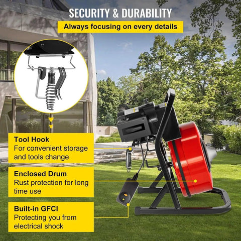 Heavy Duty Electric Drain Auger With Sharp Rotary Blades And Foot Switch For Smashing Backed Up Lines In One To Four Inch Pipes Using Tangle Free Steel Core Snake with tool hook and built-in GFCI.