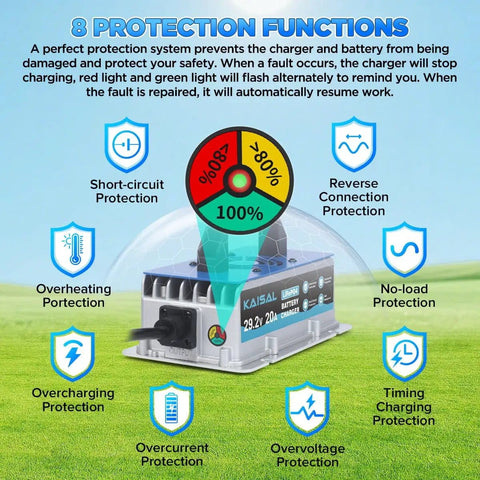 Diagram of 29.2V 20A LiFePO4 Battery Charger For 24V Systems With IP67 Waterproof Housing showing 8 protective features