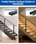 Heavy Duty Side Mount Modular Cable Railing Kit For Stairs Measures 12 To 16 Feet With 36 Inch Rise No Sweat DIY Installation top view of modern stainless and LED handrails on stairs.