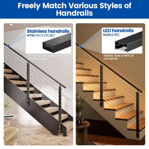 Heavy Duty Side Mount Modular Cable Railing Kit For Stairs Measures 12 To 16 Feet With 36 Inch Rise No Sweat DIY Installation top view of modern stainless and LED handrails on stairs.