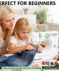 Child using Beginner Friendly Portable Sewing Machine With Twin Needle And Reverse Stitching, 12 Built In Stitches, LED Light.