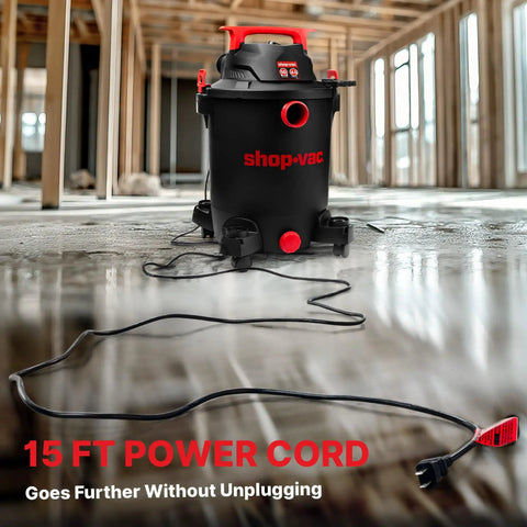 Heavy Duty 10 Gallon Wet Dry Vacuum With 4.5 Peak HP Motor And Three In One Cleaning, Includes 7 Foot Hose And 15 Foot Cord in workshop.