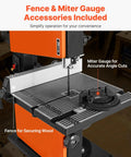 9 Inch Benchtop Woodworking Band Saw With 0.5 HP Motor For Beast Mode Cuts Up To 3.5 Inches, showing fence and miter gauge on table