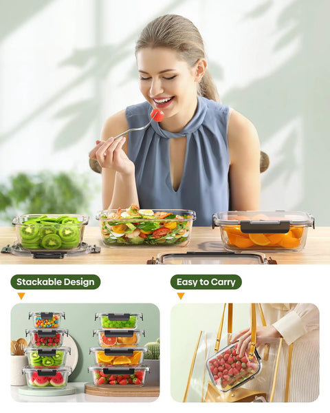 Woman using 40 Piece Borosilicate Glass Food Storage Set With Lids, Leak Proof And BPA Free, Reusable Containers for meal prep